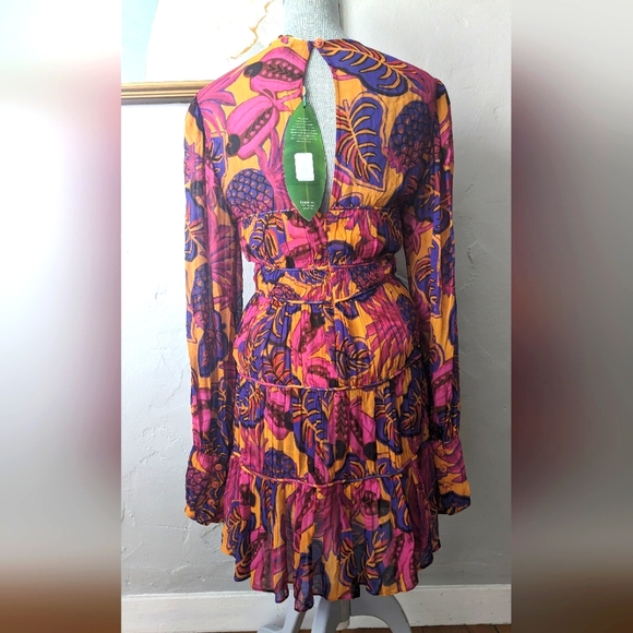 FARM RIO Fruit Dream t tiered Long Sleeve Mini Dress small nwt graduation - Picture 3 of 3